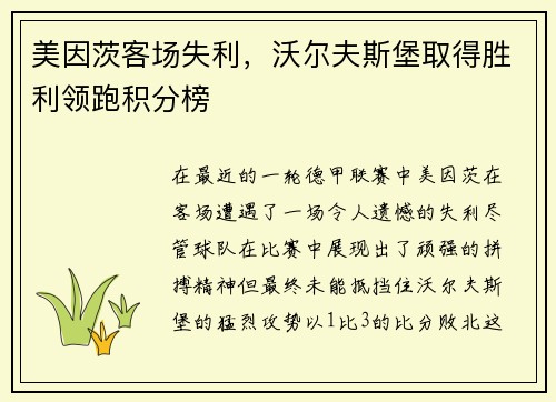 美因茨客场失利，沃尔夫斯堡取得胜利领跑积分榜